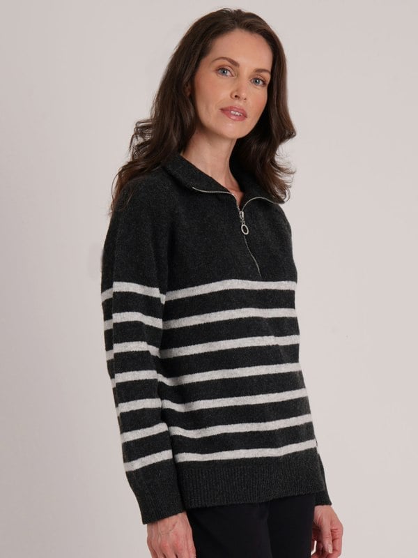VIZ-A-VIZ Stripe Half Zip Funnel Neck Jumper