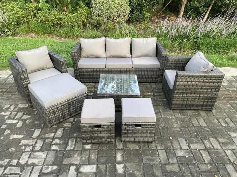 Fimous Wicker Rattan Garden Furniture Sofa Set with Armchair Square Coffee Table 3 Footstools Dark Grey Mixed