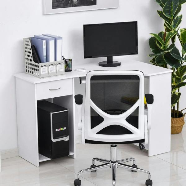 White corner desk with drawer, open shelf, and tower space for home office