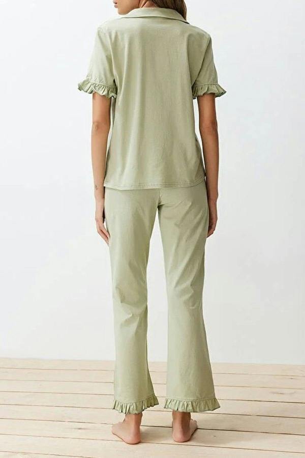 WOVCOR 2-Piece 100% Cotton Ruffle Detail Knitted Pajama Set