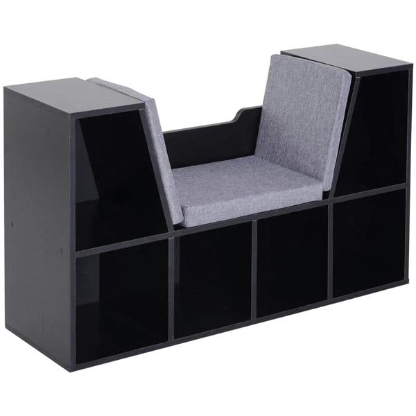 Black cube bookcase with gray cushioned reading seat and open storage compartments