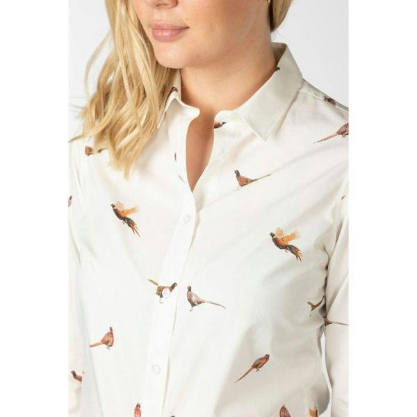Close-up of the Rydale Wistow Ladies Pheasant Printed Shirt featuring a structured collar, soft cotton fabric and detailed pheasant print.