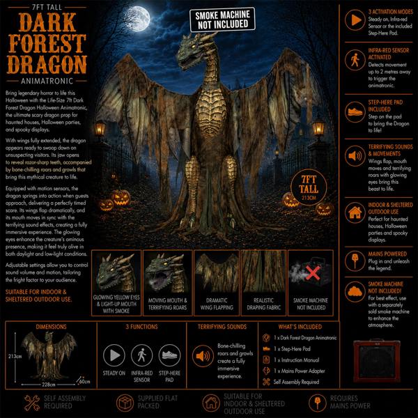 Samuel Alexander 7ft Giant Sized Dark Forest Dragon Halloween Animatronic Decoration with LED Eyes