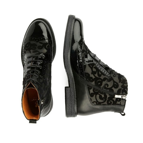 Embassy London Hatter - Black Floral - Women's zip up and lace up ankle boot with brogue styling