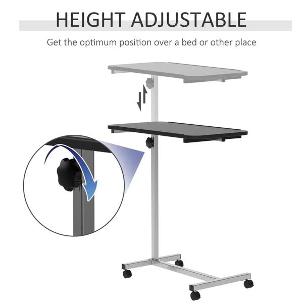 Black height-adjustable over-bed table with raised top position and caster base