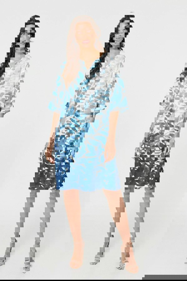 Blue | Leaf Print 3/4 Sleeve Relaxed Shift Dress