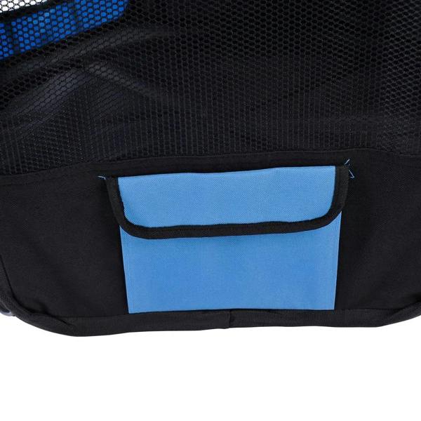 Blue storage pocket panel on the black base of a pet playpen
