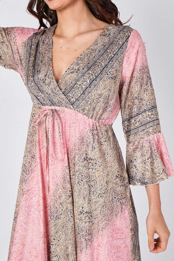 Boho Paisley Maxi Dress – Adjustable Tie Waist - Pink - Onesize (8-14)