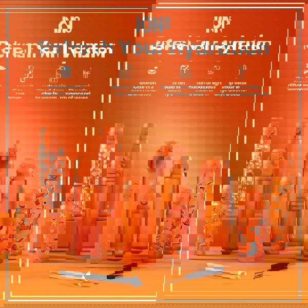 Several orange water bottles, of varying sizes and designs, are displayed on an orange surface. They showcase different material choices and patterns. The context is an advertisement for ION8 hydration products.