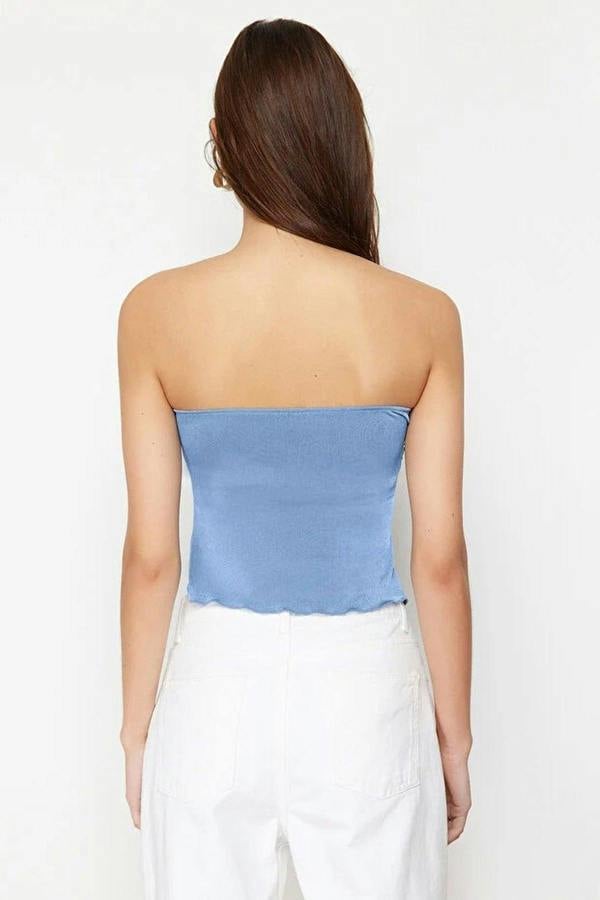 WOVCOR Heart Neck Gathered Stretch Knit Crop Blouse