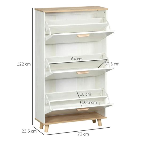 Cream white shoe cabinet with three flip drawers open, adjustable shelves inside