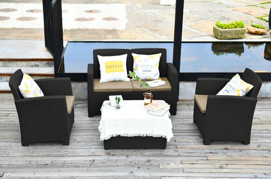 Homeology SANTANA 4 Piece PE Rattan 4-Seater with Cushions Garden Furniture and Coffee Table Set in Black