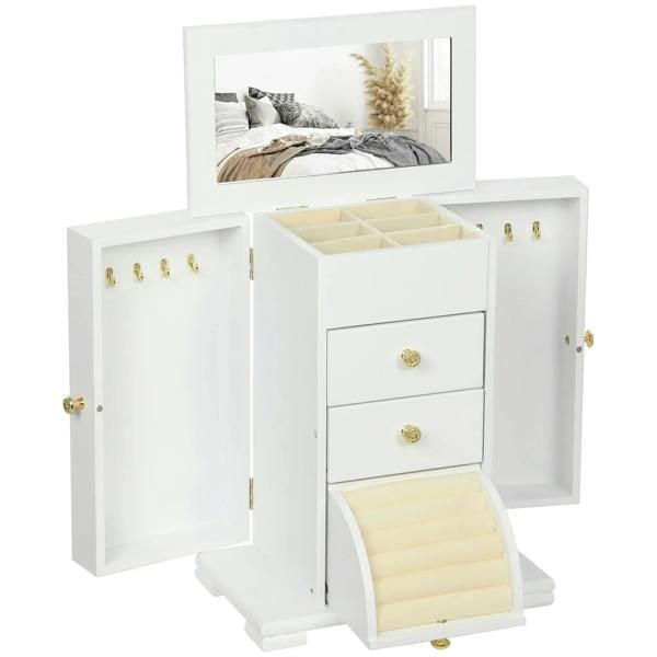 White 4-tier jewellery box with mirror, 2 drawers, and open ring compartments