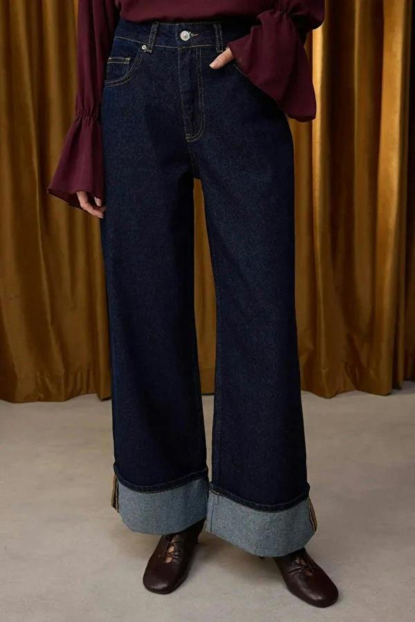 WOVCOR Regular Waist Wide Leg Jeans with Folded Hem