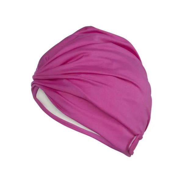 Magenta stretchy turban fabric swim cap with white lining
