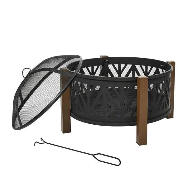 Bobobiy Metal Large Firepit Bowl Outdoor 2-In-1 Round Fire Pit Brazier with Lid, BBQ Grill, Poker for Backyard, 78 x 60cm, Black, 78 x 78 x 60cm