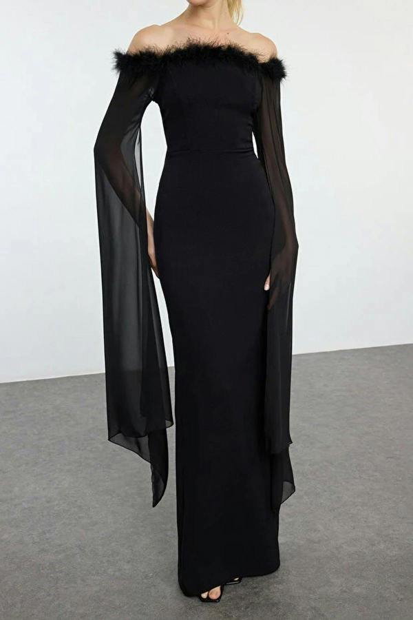 WOVCOR Long Elegant Evening Dress with Sleeve Detail and Pleats