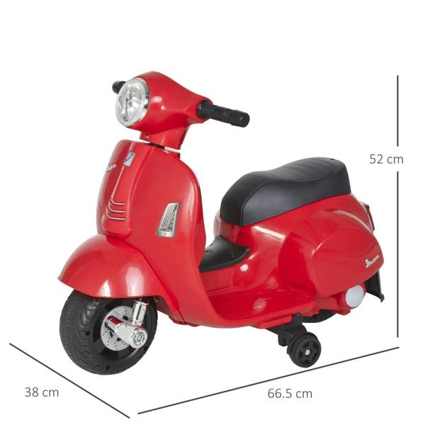 Red ride-on Vespa-style electric motorbike with black seat, handlebars, and front light