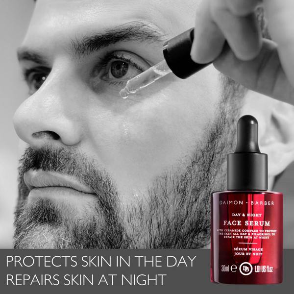 Man applying Day & Night Face Serum to his face in black and white with image of product bottle in red