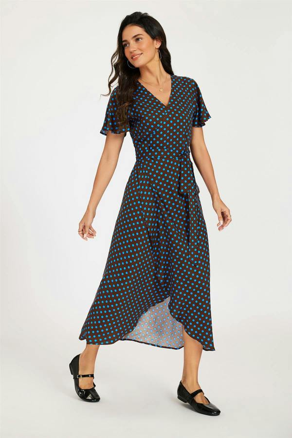 FS Collection Brown & Blue Polka Dot Print Wrap Maxi Dress