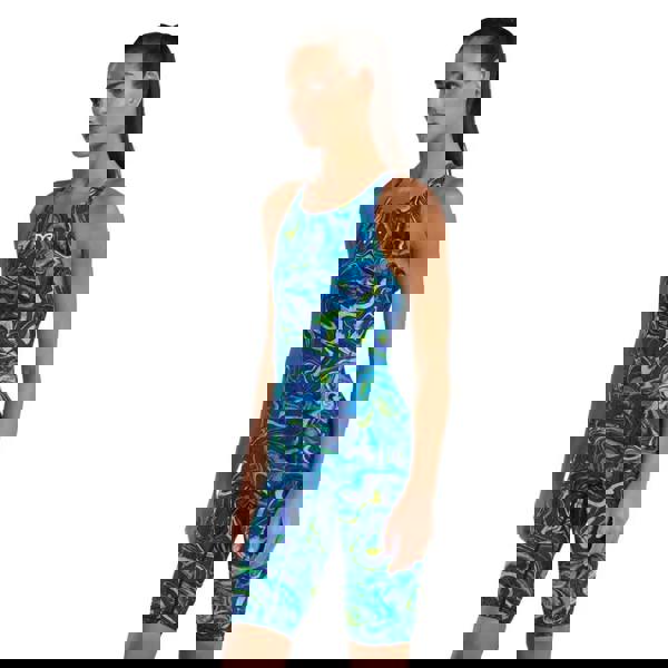 Blue green abstract TYR Thresher Hyperblitz open back kneeskin swimsuit