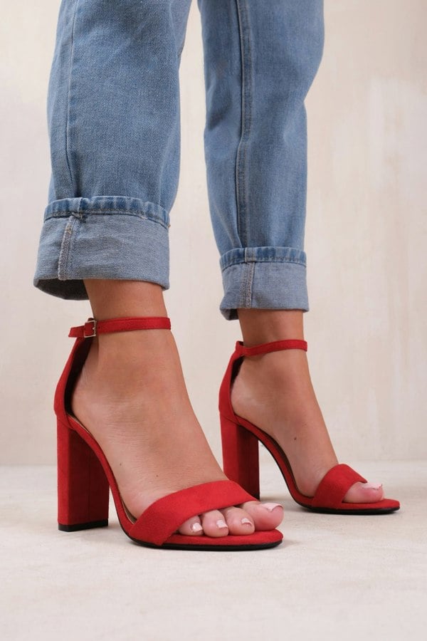 Where's That From Skye Strappy Block Heels With Buckle in Rouge Red Suede