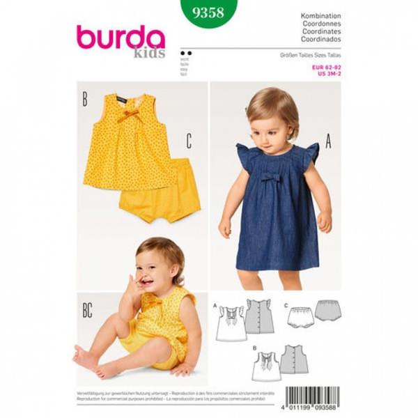 Burda Sewing Pattern 9358 Dresses, Shorts and Tops For Babies, 3 Months - 2 Years - Easy