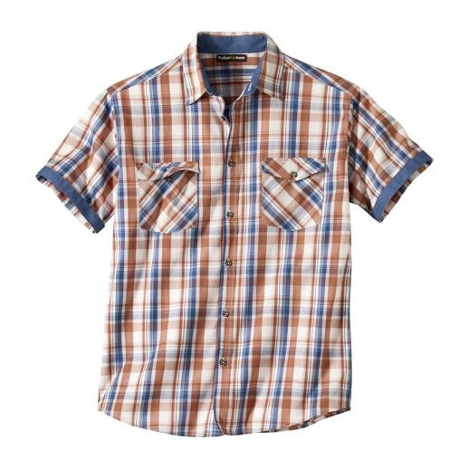 Atlas For Men Mens Checked Poplin Shirt - Ecru/Brick Red/Blue