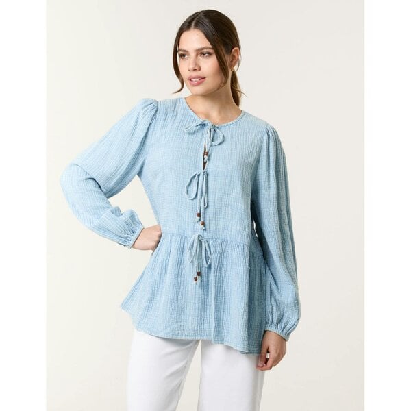 Blue Vanilla Washed Tie Front Top