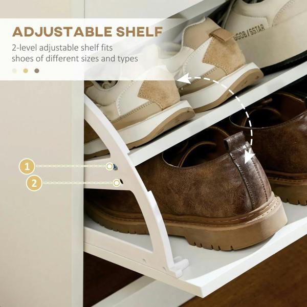 White shoe cabinet adjustable shelf with shoes on two storage levels