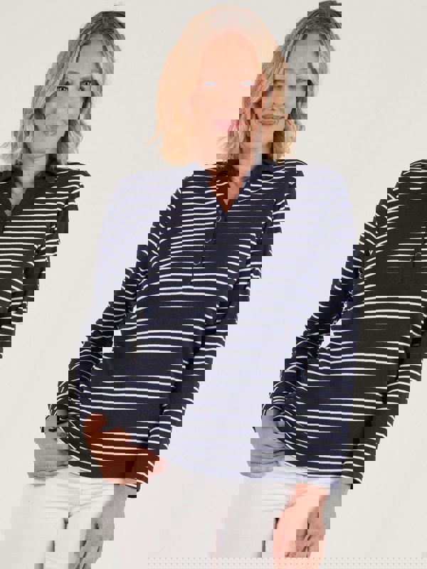 PennyPlain Henley Striped Polo Top - French Navy/ivory