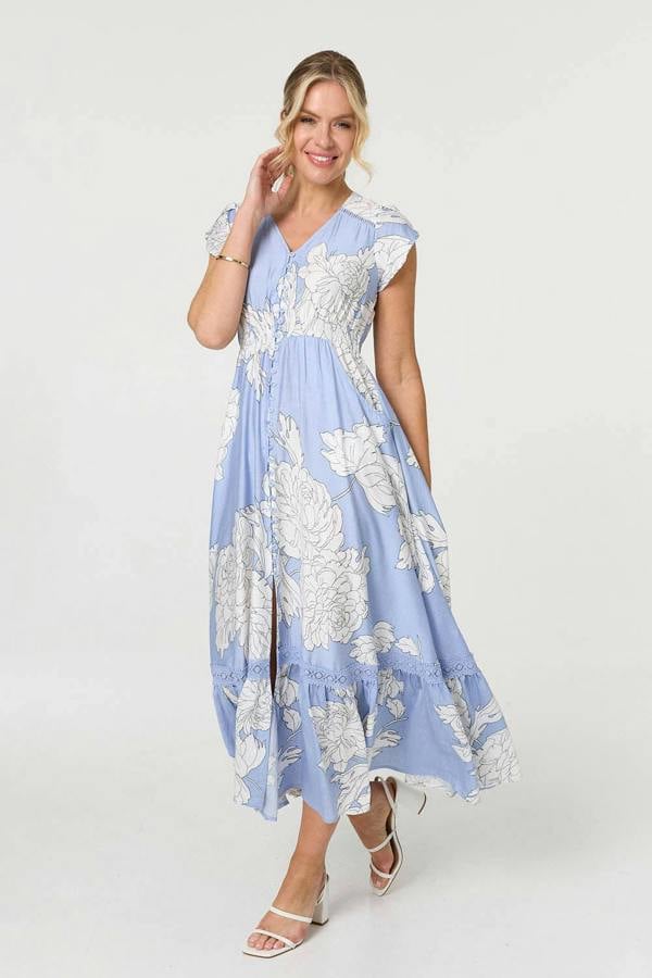 Blue | Floral Cap Sleeve Button-Up Maxi Dress

