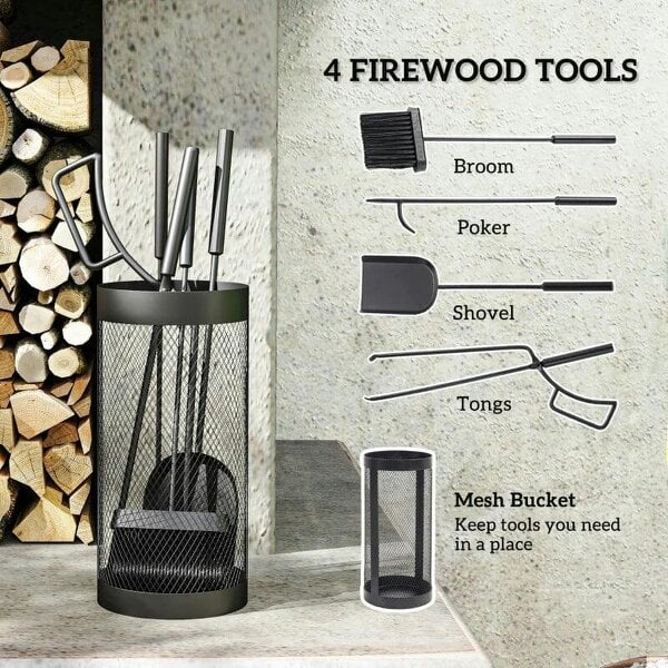 5-Piece Fireplace Tools Set with Mesh Basket, Indoor Outdoor Fireside Accessories for Fireplaces, Fire Pits, Black