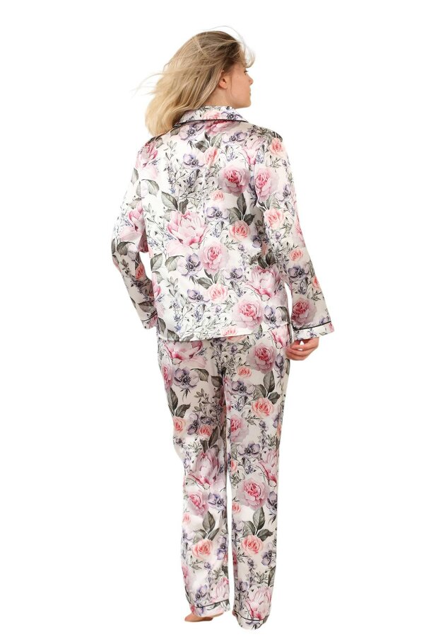 Women's Floral Satin Pajama Set with Pockets - Long Sleeve Button-Up Top and Full-Length Pants
