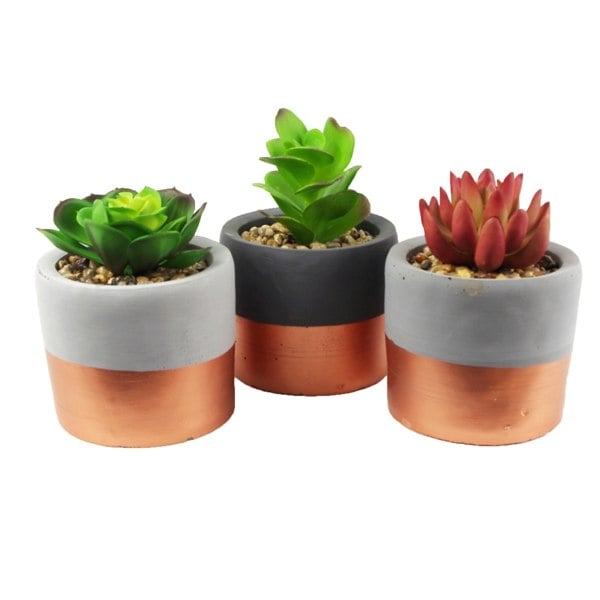 Leaf 14cm Set of Three Stoneware Mini Copper Band Planters with Artificial Succulent Plants