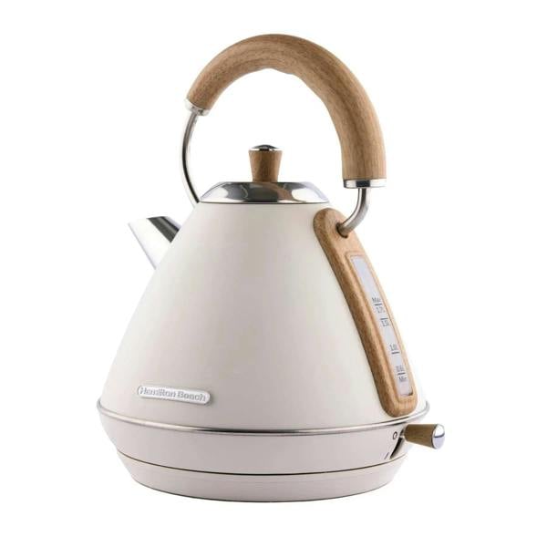Hamilton Beach Scandi 1.7L Pyramid Kettle - Matte Cream with Wood Effect
