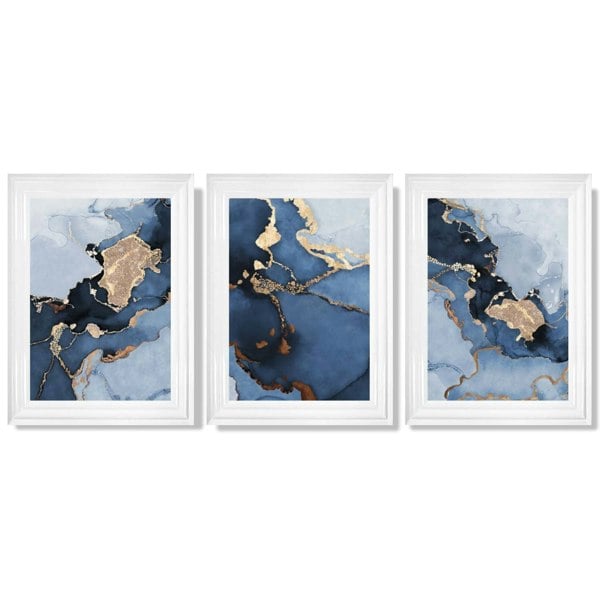 Artze Wall Art Framed Set of 3 Abstract Art Prints of Paintings Navy Blue and Gold