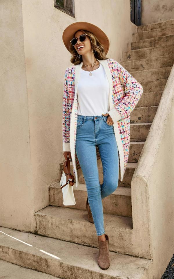 FS Collection Cream Boucle Check Cardigan In Rainbow Multicolour Speckles