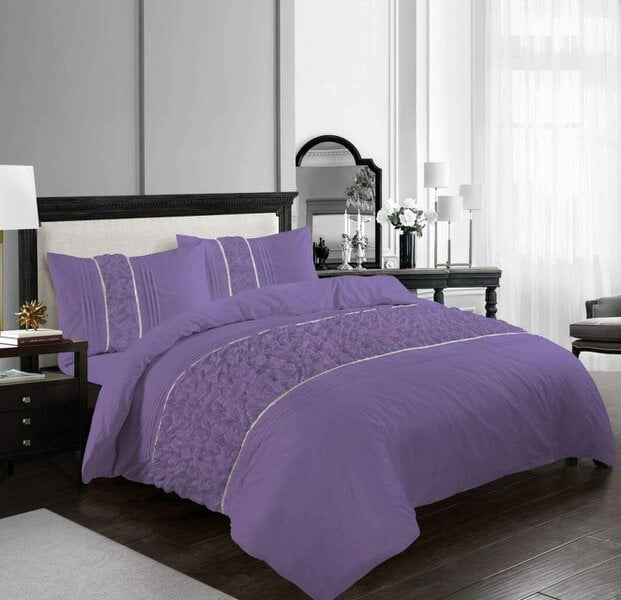 Night Zone Aurora Ruffled Diamond Lace Sequin Duvet Cover Set – Polycotton Bedding with Pillowcases - Lilac