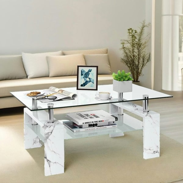 Rafaelo Mobilia 2 Tier Glass Coffee Table Marble Effect