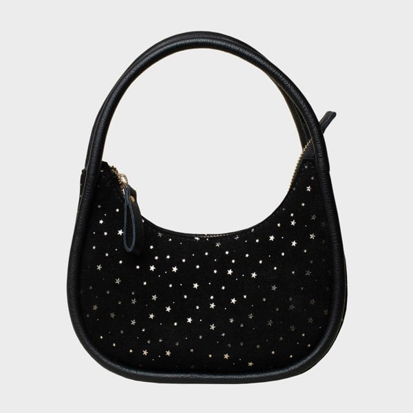 Assots London 'FESTIVE BAG' Black & Gold Star Sparkle Genuine Leather Shoulder Bag