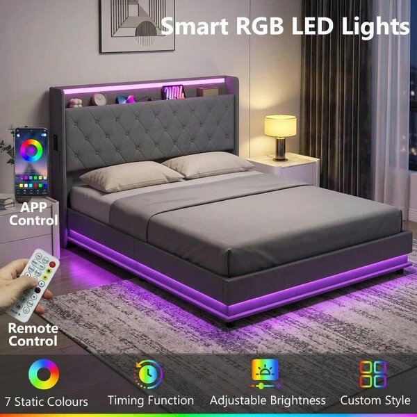Bobobiy 5ft King Bed Frame with Headboard, Platform Bed Frame with Hydraulic Storage, LED Lights and Charging Station, Grey