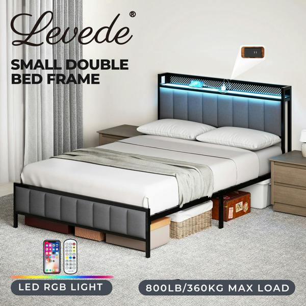 Levede Small Double Bed Frame Metal Platform LED Headboard Charging Station Grey