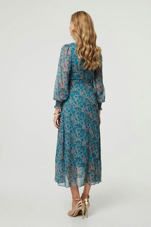 Teal | Printed Tie Waist Layered Midi Dress
