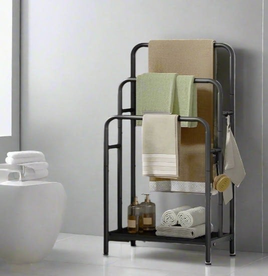 Modcraft Freestanding 3-Bar Towel Rack with Hooks & Storage Shelf, Ink Black, 50x30x100 cm