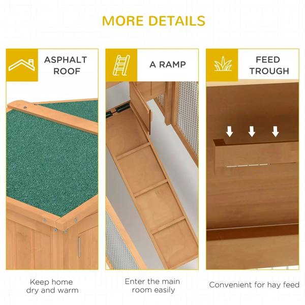 Wooden pet hutch details: green asphalt-style roof, ramp access, and hay feed trough