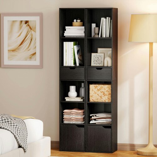 Wyld Haus Nota Wooden Black Tall Narrow 6 Tier Bookcase With Drawer And Door