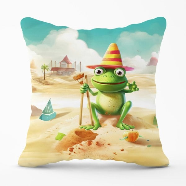 Warren Reed Happy Frog On A Beach Holiday Cushions