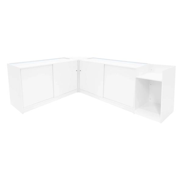 White Phoenix LED Shop Counter Set featuring sleek design with two display cabinets and an open shelf, ideal for retail spaces