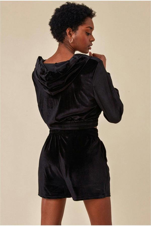 Velour Hoodie & Short Set - Black TS22